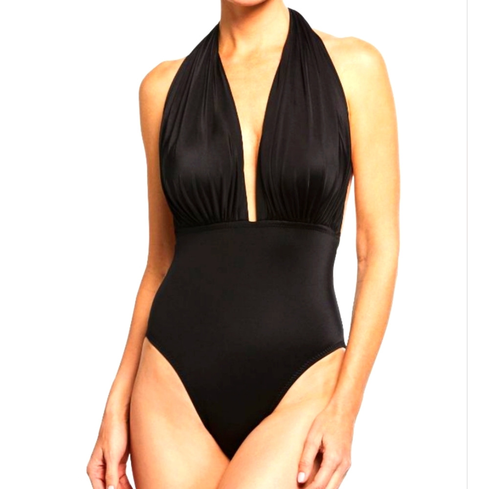 Norma Kamali New Black Swimsuit Halter Plunge Neck Nordstrom Low Back Mio M